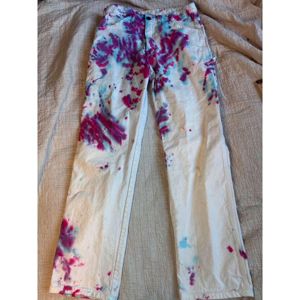 Dickies Custom Tie Dye Carpenter Pants White Pink Blue Utility Workwear 30x29